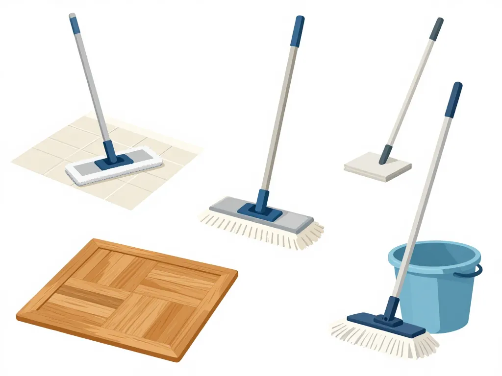 différents balais serpillière à plat, à franges, rotatif sur sols