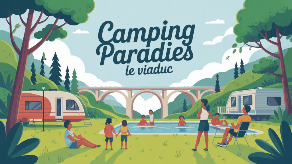 Familles au Camping Paradis Le Viaduc devant viaduc et piscine