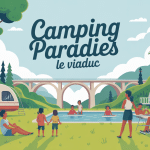 Familles au Camping Paradis Le Viaduc devant viaduc et piscine