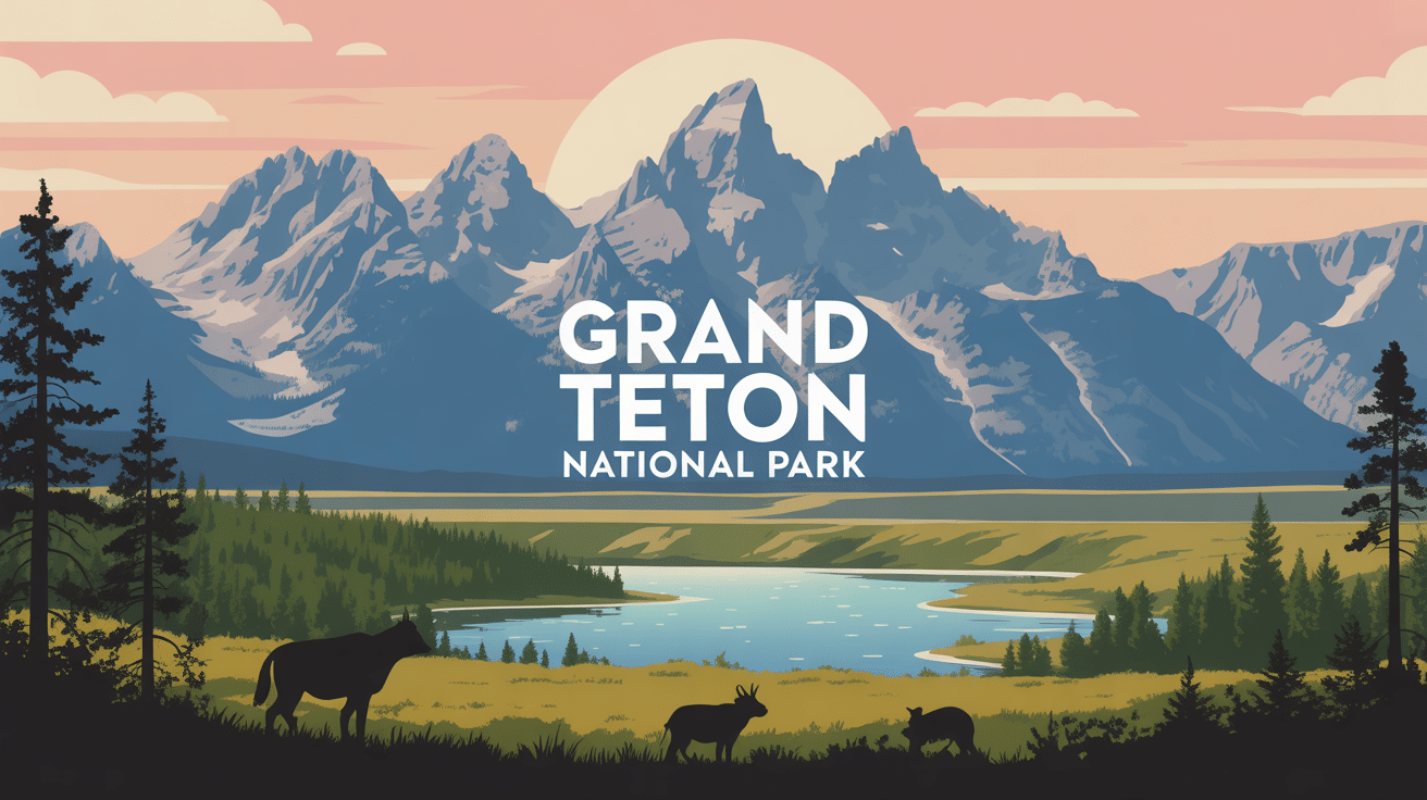 Vue stylisée du Grand Teton National Park avec sommets et lacs