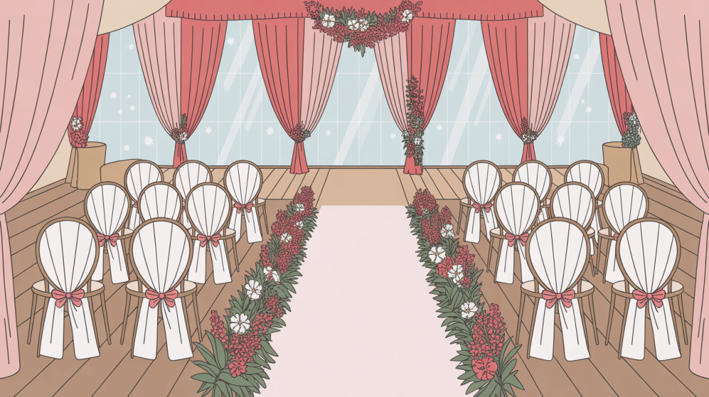 housse de chaise mariage salle élégante décoration fleurs et rubans