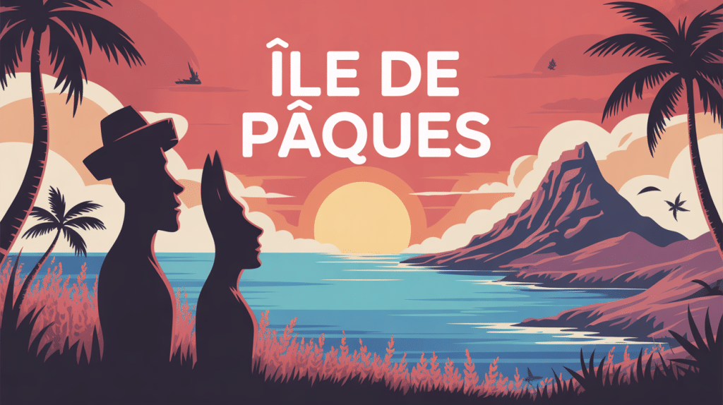 Illustration de l'île de Pâques avec moaïs, volcans et océan