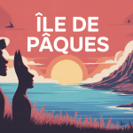 Illustration de l'île de Pâques avec moaïs, volcans et océan