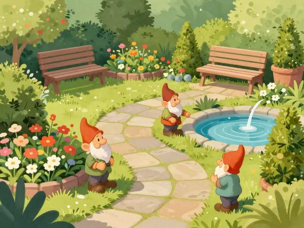 emplacement nains de jardin dans jardin organisé