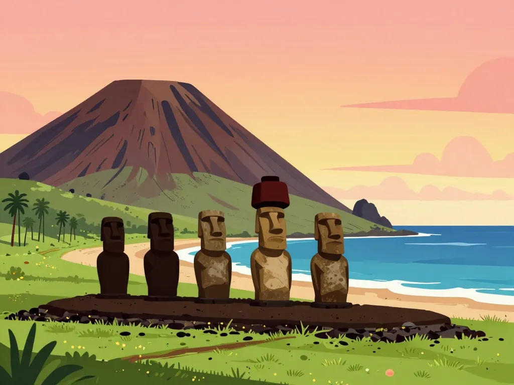 Paysages et statues moaïs de l'île de Pâques sur fond volcanique