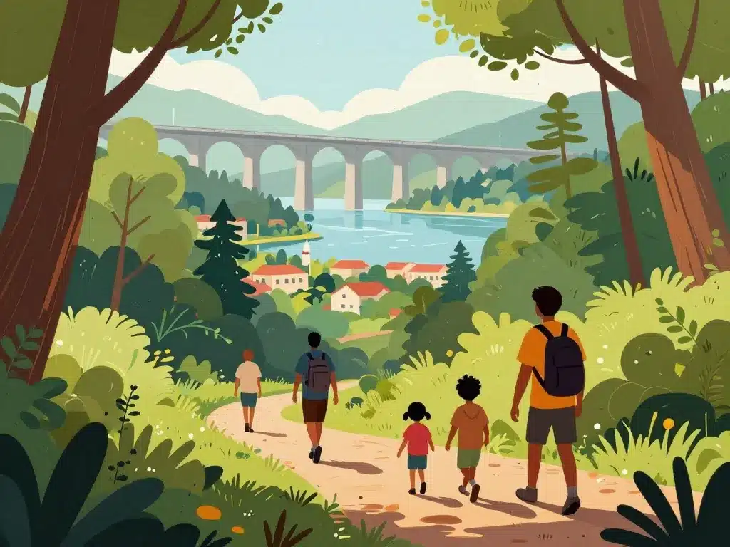 randonneurs avec vue sur viaduc de nantua et lac