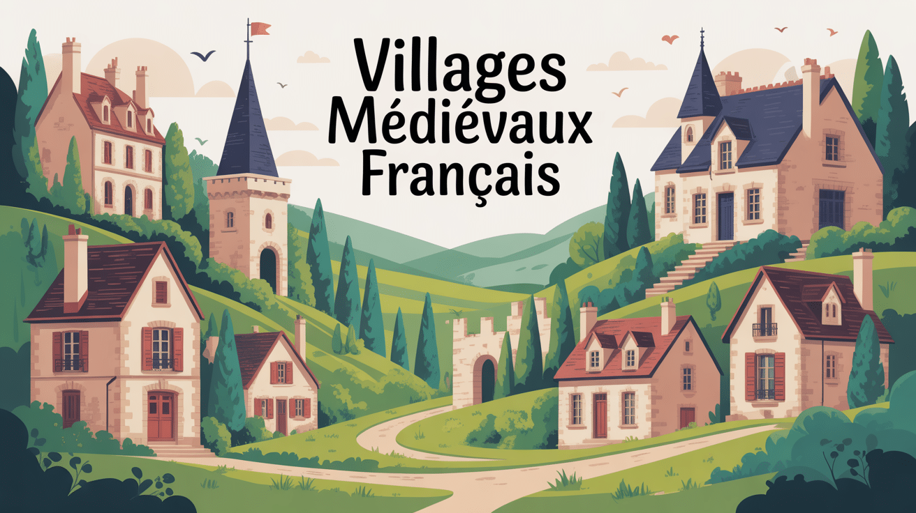 vue des villages medieval français dans paysage vallonné