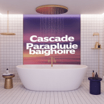 Salle de bain avec cascade parapluie sur baignoire