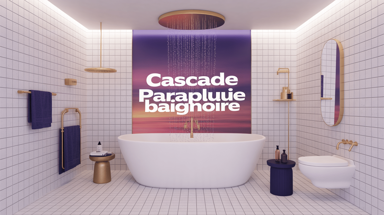 Salle de bain avec cascade parapluie sur baignoire