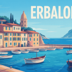 Vue stylisée d'Erbalonga en Corse, port, mer et tour génoise