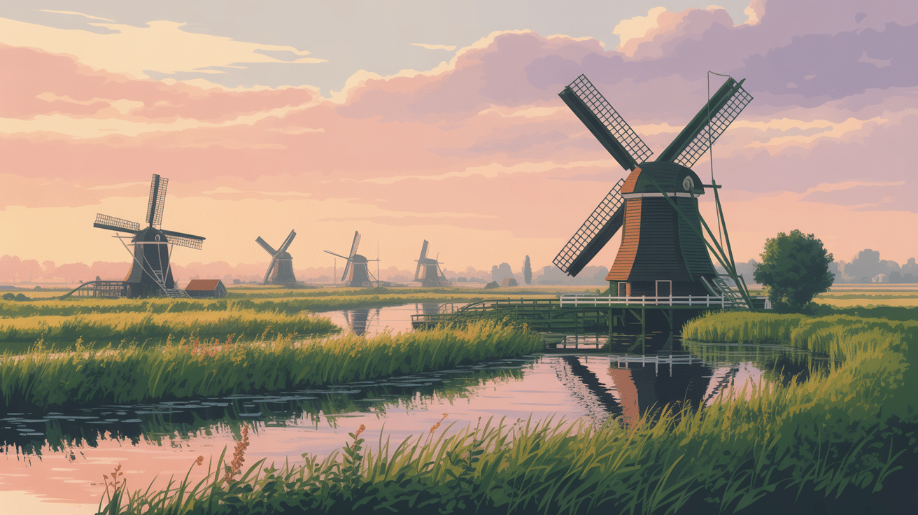 vue poétique moulin pays bas polders canaux matin