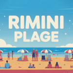 Vue stylisée de Rimini plage, parasols colorés et ambiance festive