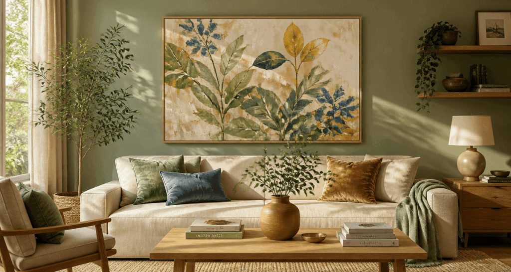 décoration murale vert sauge avec tableau botanique