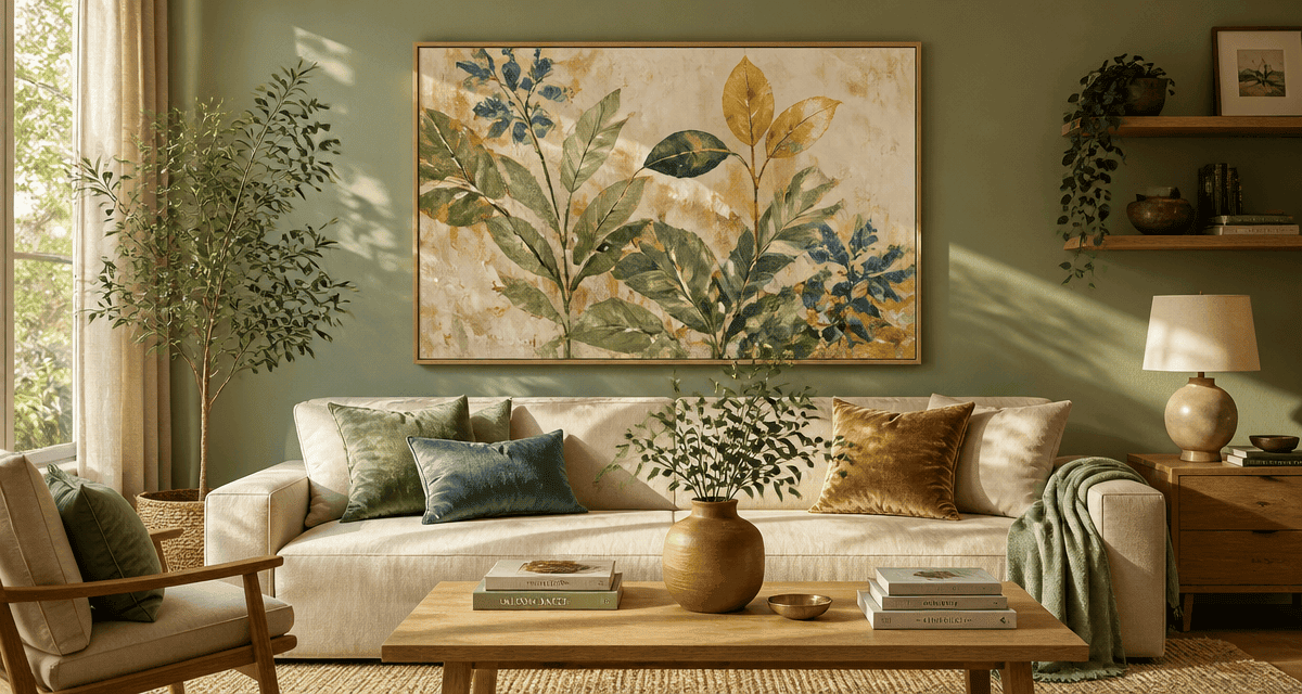 décoration murale vert sauge avec tableau botanique