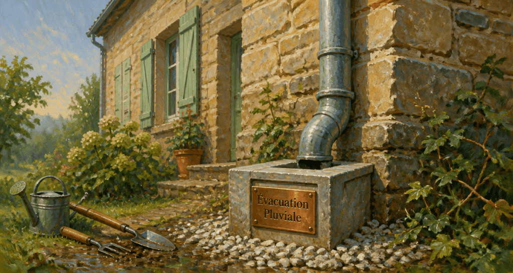 Drainage eau de pluie gouttière sur maison en pierre