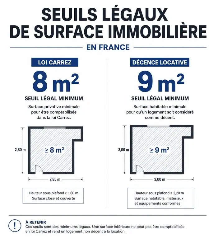 Infographie des seuils de surface pour la vente et la location immobilière : 8m² et 9m²