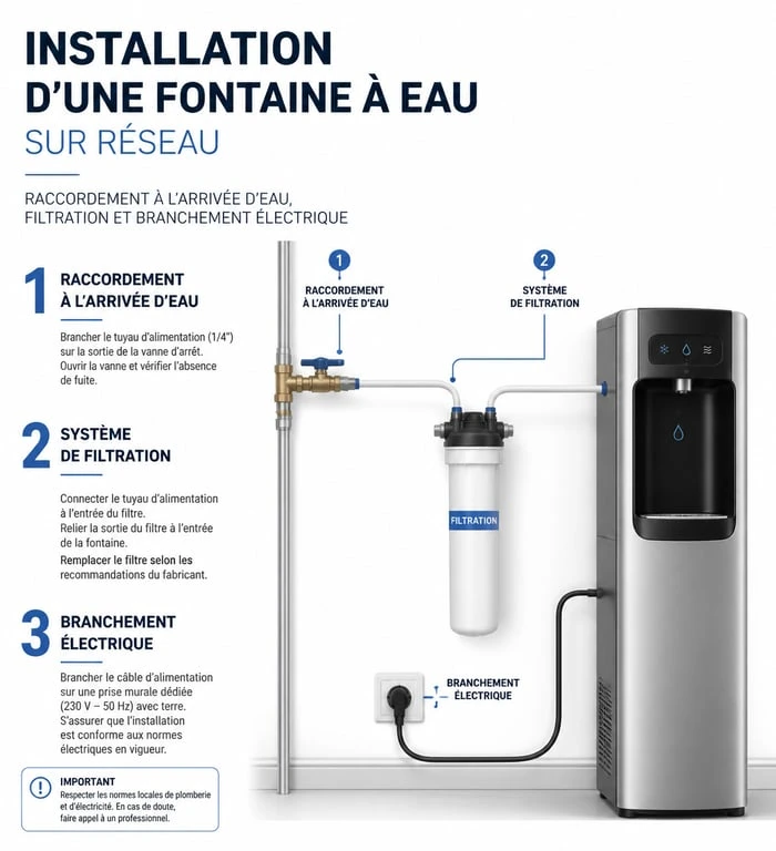 Schéma technique des étapes d'installation d'une fontaine à eau sur réseau