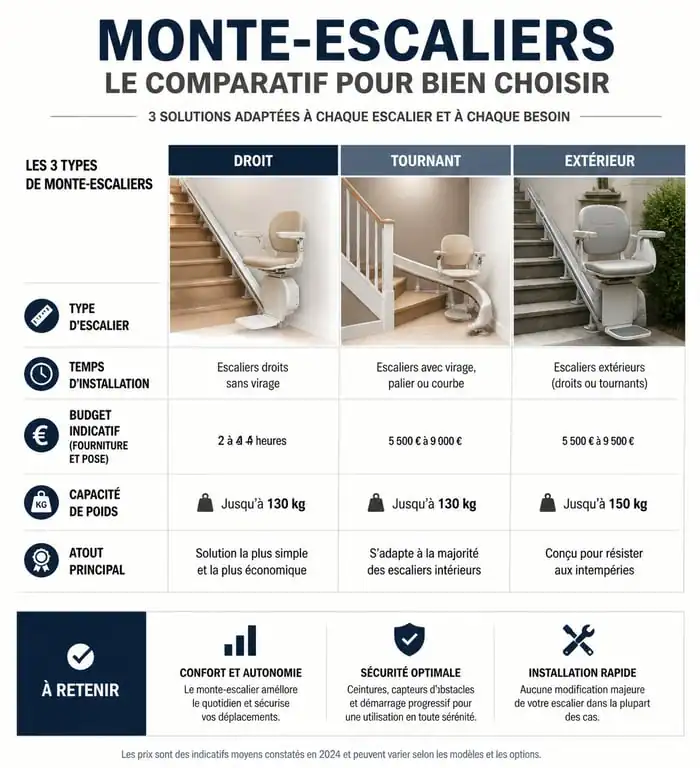 Infographie comparative des différents types de monte-escaliers pour seniors