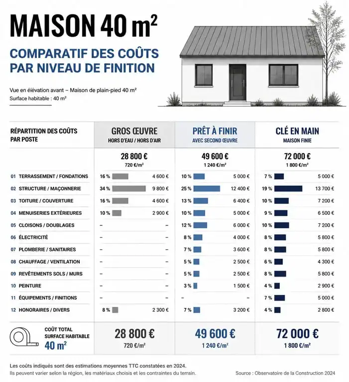 Graphique comparatif des prix de surélévation de maison 40m2