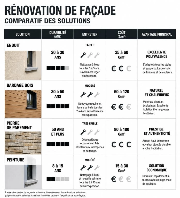 Tableau comparatif des solutions pour rénover ou embellir sa façade : enduit, bardage et pierre de parement.