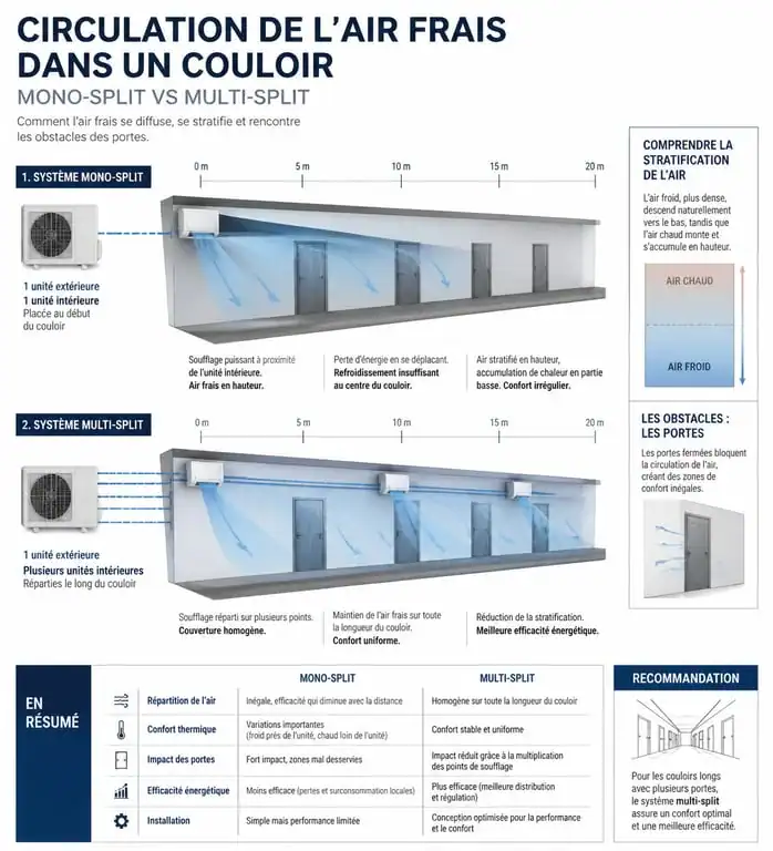 Comparaison de l'efficacité de la climatisation dans un couloir versus multi-split pour le refroidissement des chambres