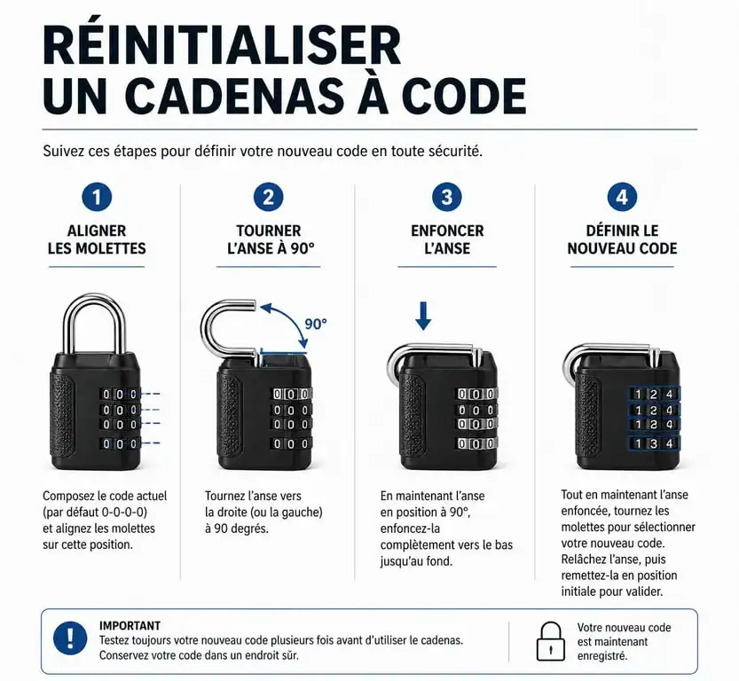 Schéma explicatif pour réinitialiser son code cadenas