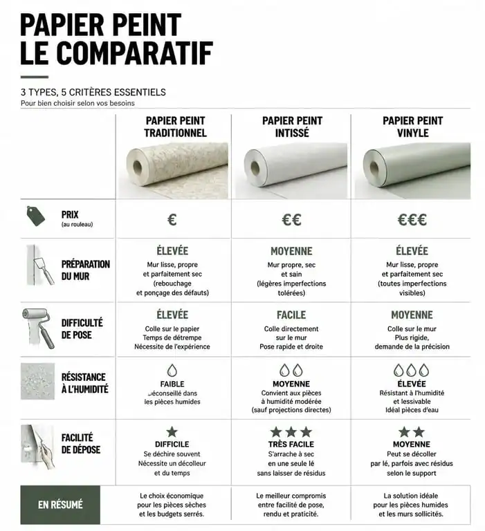 Tableau comparatif des inconvénients et avantages du papier peint intissé, traditionnel et vinyle pour vos travaux de rénovation