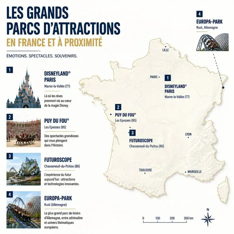 Carte des principaux parcs d'attractions en France