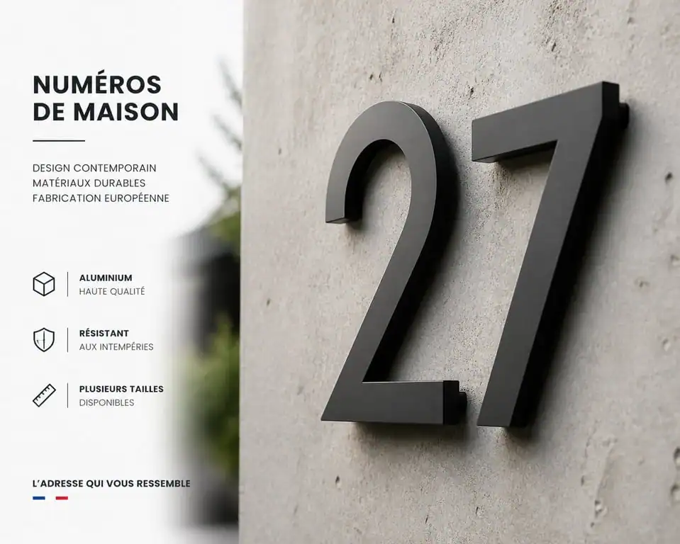 Numéro de maison design en aluminium noir mat sur façade moderne