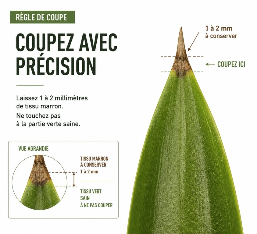 Schéma illustrant comment couper le bout des feuilles marron sur une plante d'intérieur en laissant une marge de sécurité.