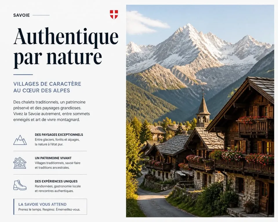 Village typique du Tyrol français dans le Beaufortain avec ses chalets en bois traditionnels et montagnes en arrière-plan.