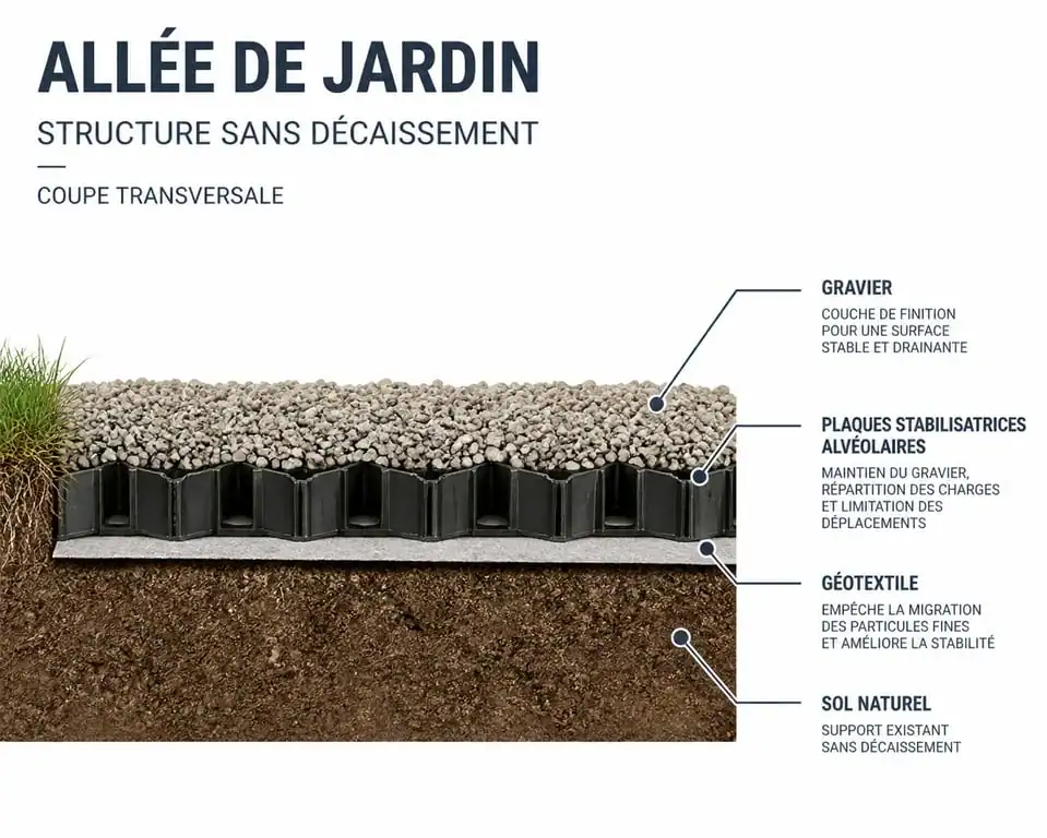 Schéma technique de pose de gravier sans décaissement avec géotextile et stabilisateurs