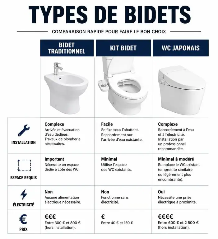 Tableau comparatif des solutions bidet toilet bidet : traditionnel, kit et WC japonais