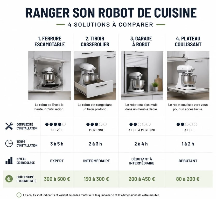 Infographie comparative des solutions de rangement pour robot de cuisine : ferrure, tiroir, garage et plateau coulissant.