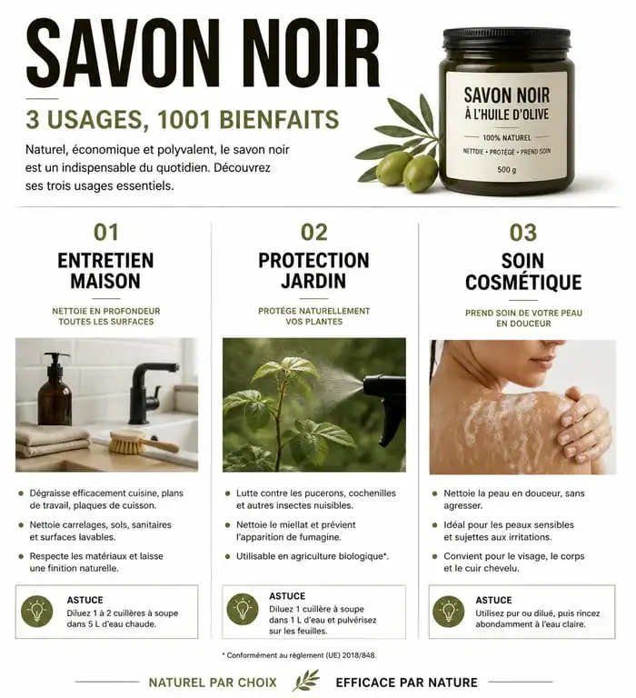 Infographie des usages du savon noir pour la maison, le jardin et la beauté