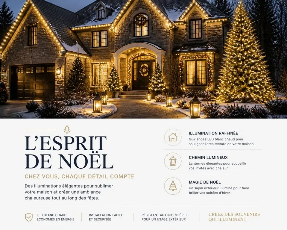 Maison avec décoration de Noël extérieure lumineuse et élégante pour une ambiance festive