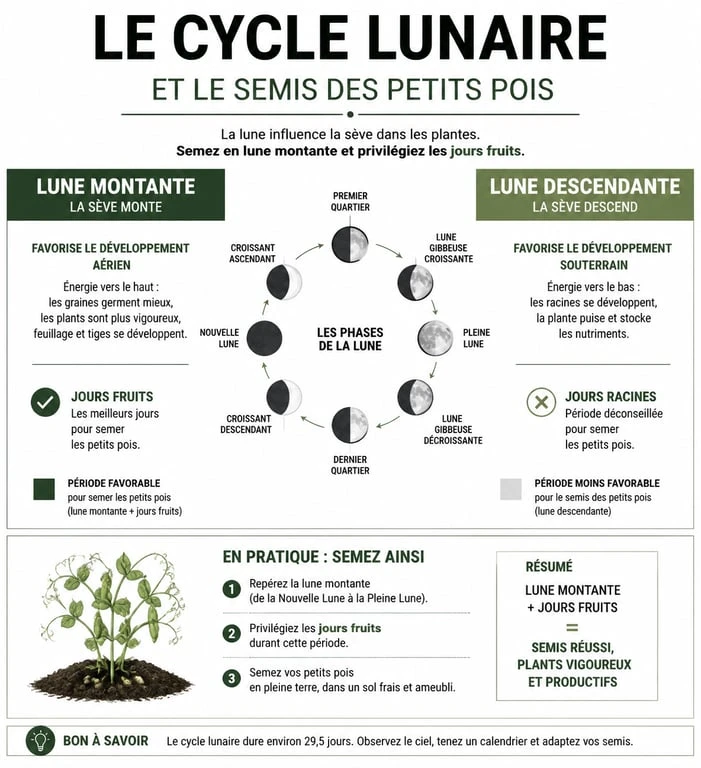 Infographie explicative sur le calendrier lunaire pour le semis des petits pois et les jours fruits