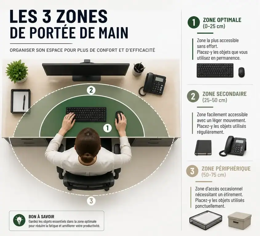 Infographie des zones de portée de main pour organiser un bureau ergonomique