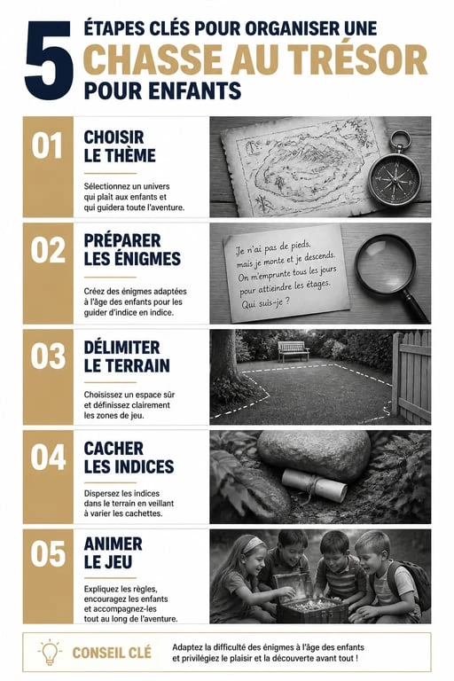 Infographie des étapes pour organiser une chasse au trésor enfant réussie