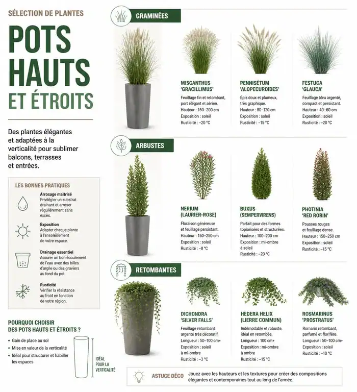 Infographie des meilleures plantes pour pot haut et étroit