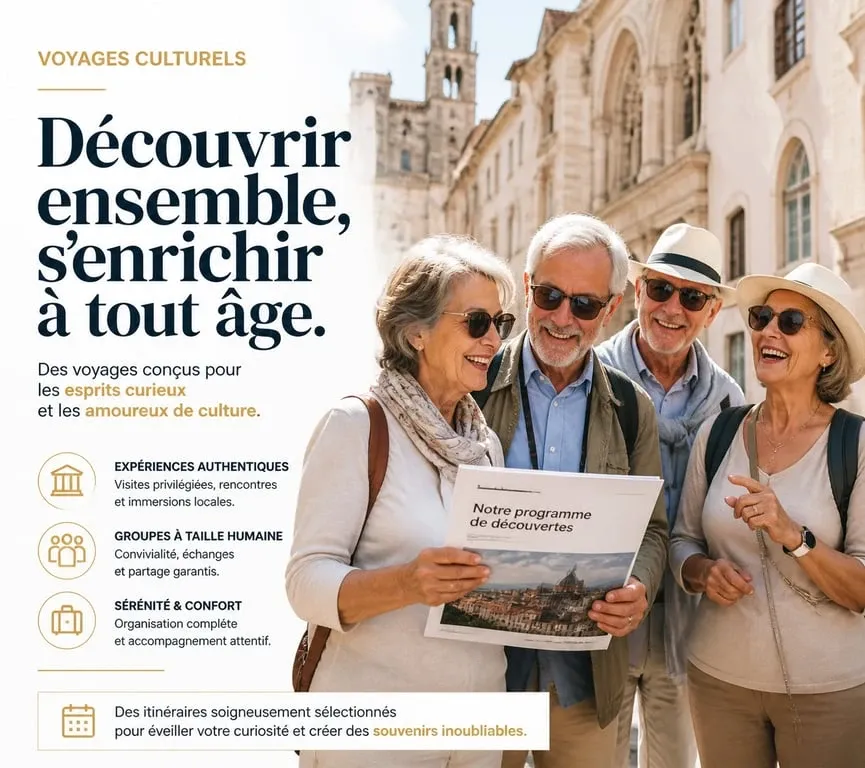 Groupe de seniors en voyage organisé pour personnes seules de 60 ans et plus