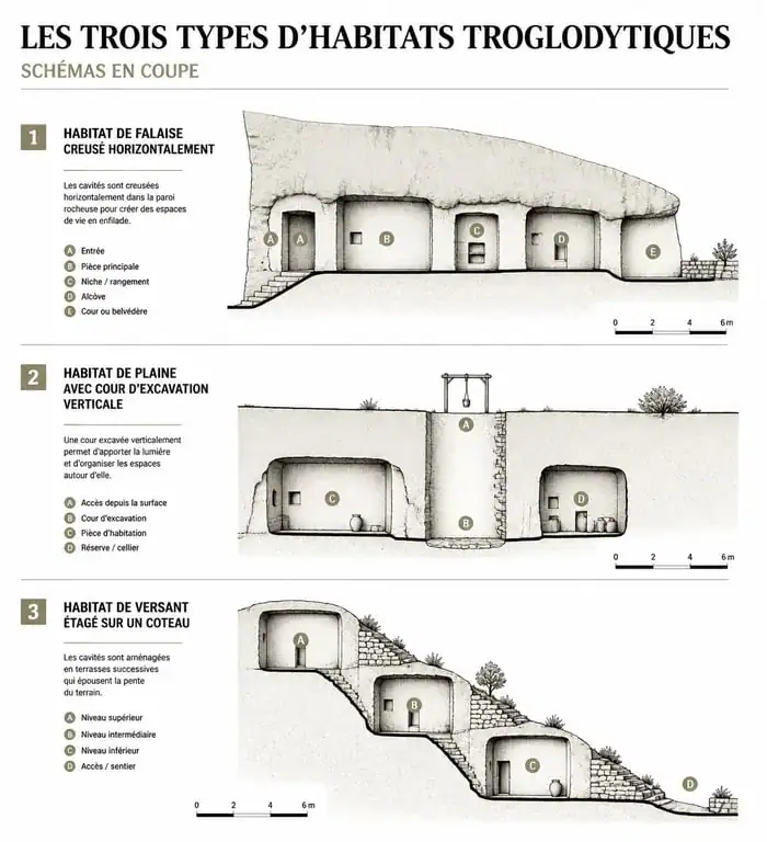 Schéma explicatif des différents types d'habitat troglodytique : falaise, plaine et versant.