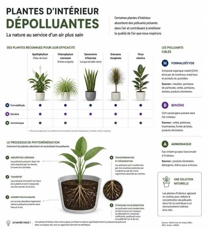 Infographie des plantes d'intérieur dépolluantes et leurs bienfaits sur la qualité de l'air