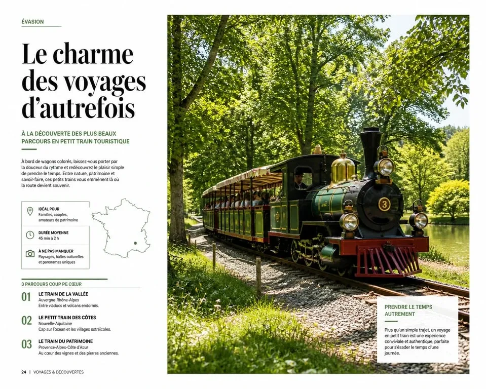 Le petit train du parc de la Tête d'Or à Lyon circulant dans les allées verdoyantes du parc.