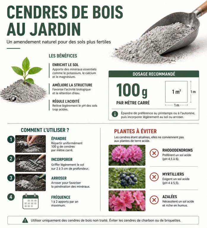 Infographie sur le dosage des cendres de bois au jardin et les plantes à éviter
