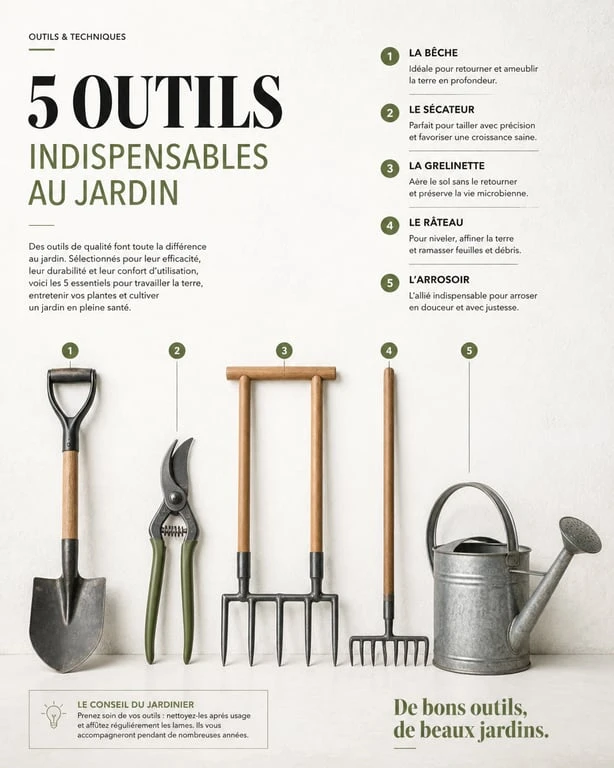Liste illustrée des outils de jardinage indispensables pour l'entretien du jardin