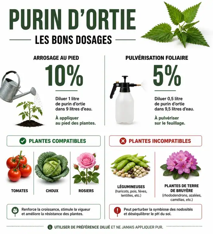 Infographie des dosages et compatibilités du purin d'ortie pour le jardin