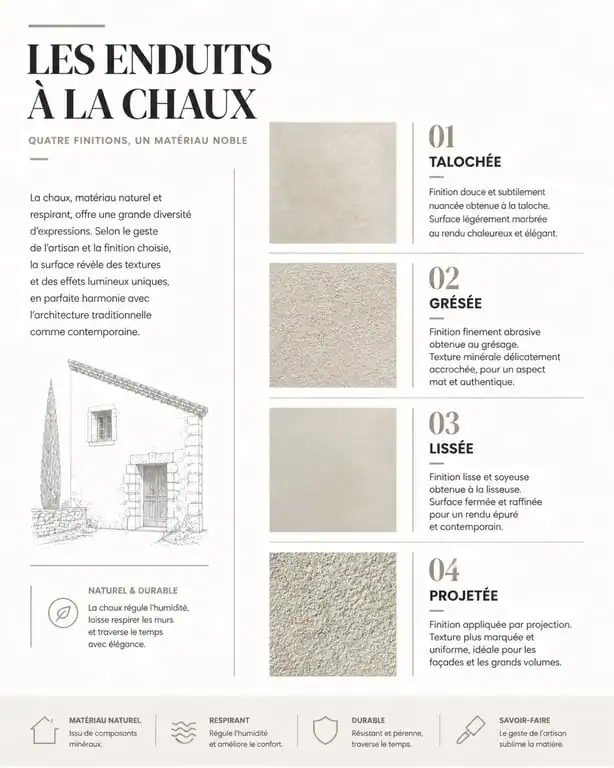 Comparatif visuel des textures d'enduits à la chaux pour rénovation de façades à Paris