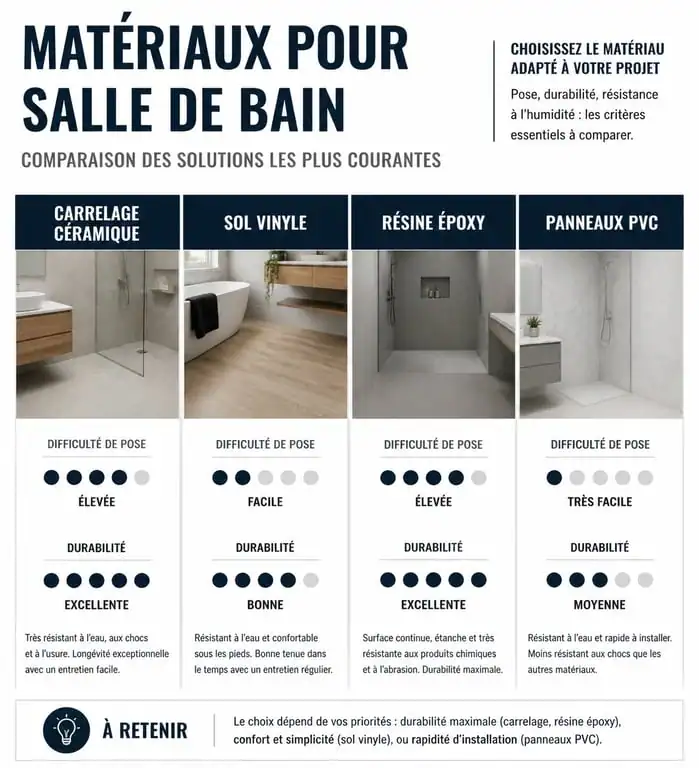 Infographie comparative des matériaux pour rénover une salle de bain