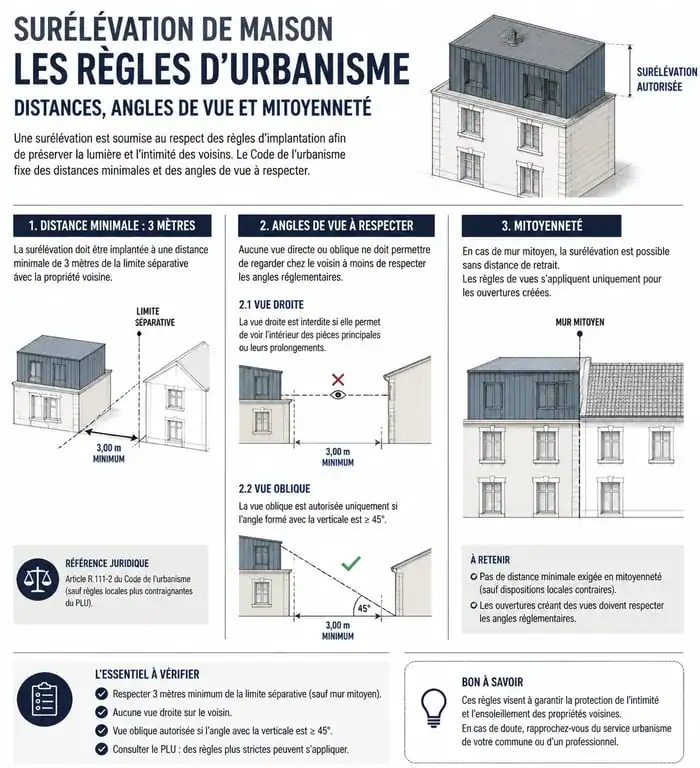 Infographie des règles d'urbanisme et distances légales pour un projet de surélévation de maison et voisinage